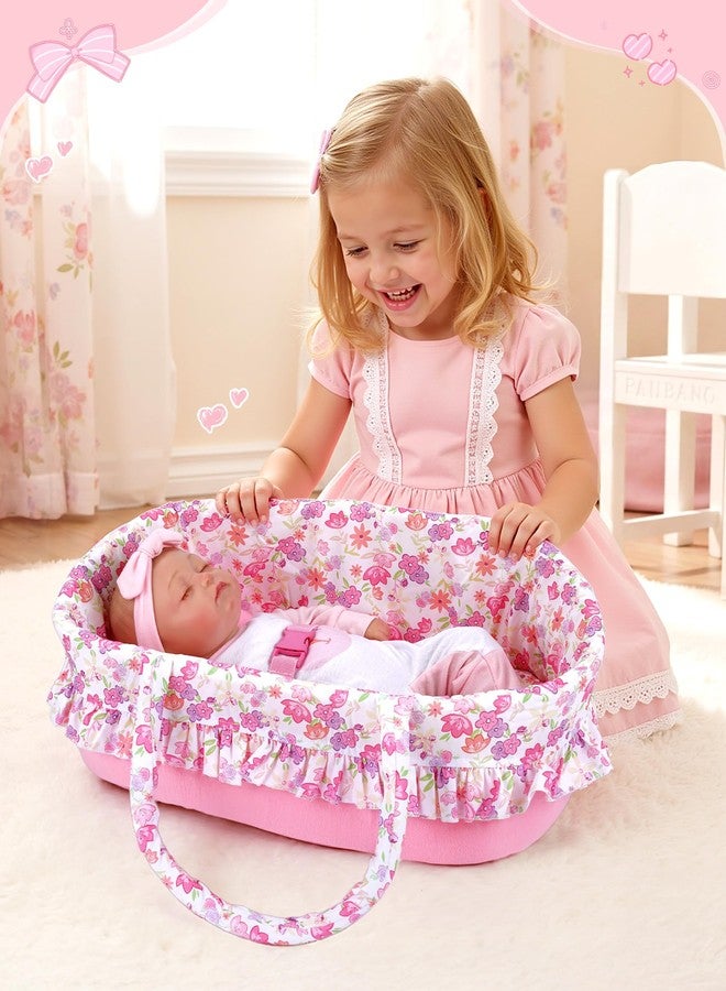 BABESIDE 2 Pcs Reborn Baby Doll Accessories, Pink Floral Baby Doll Bassinet with Pillow and Built-in Carrier, Foldable Doll Bed with Handle for 17-22 Inch Lifelike Dolls (Dolls Not Included) - Image 5